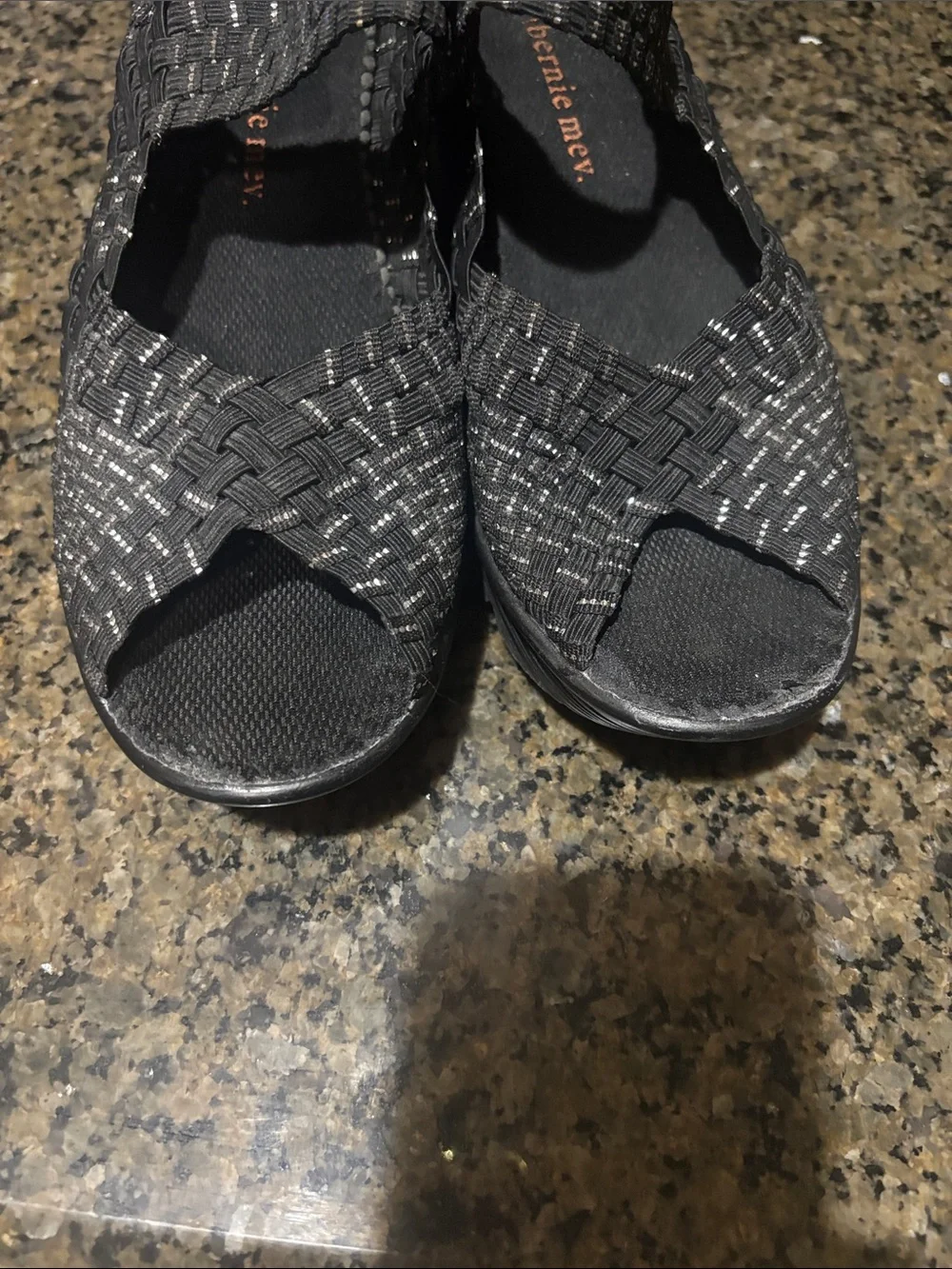bernie mev. Black & Silver Woven Wedge Sandals